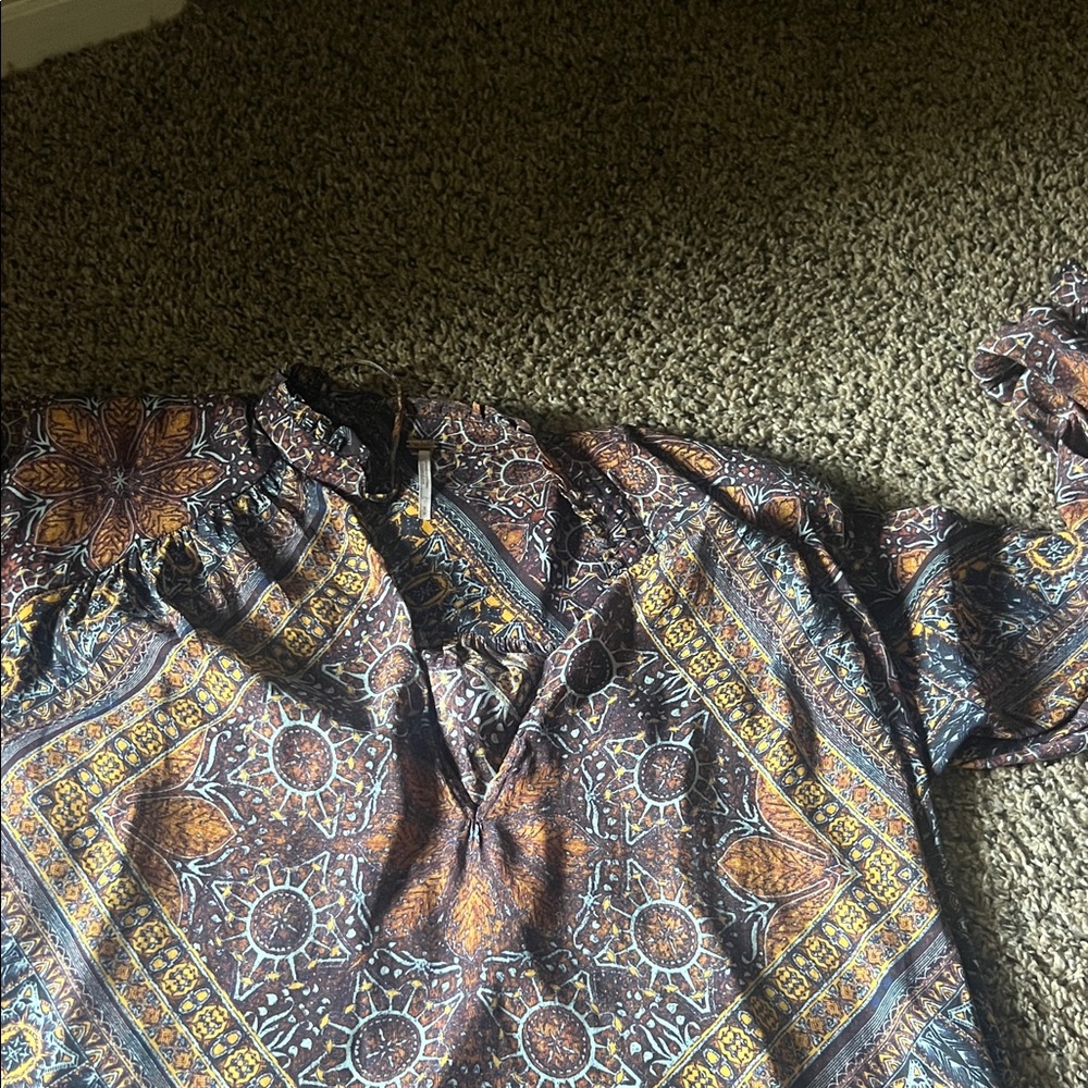Free People Geometric Pattern Blouse - Blue and Brown